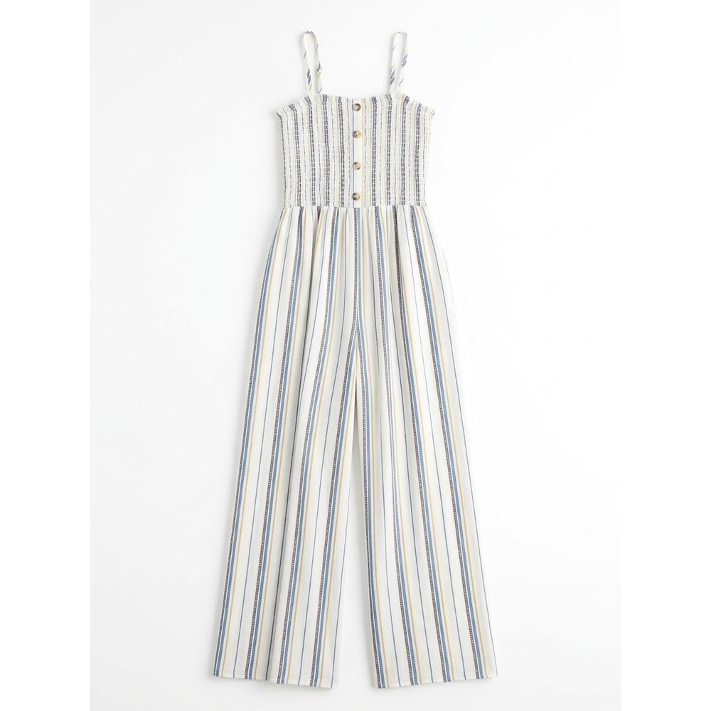 Lumiere Jumpsuit Women M White Striped Smocked Bodice Sleeveless Wide Leg